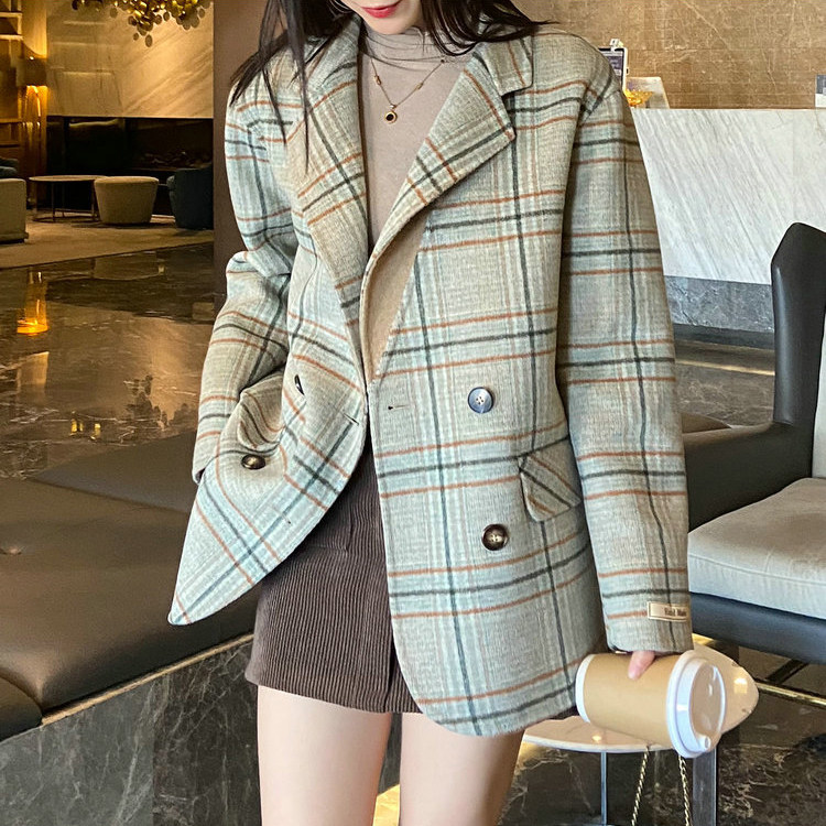 2021 Early Spring New Plaid Hand Sewn Bifacial Cashmere Big Coat Woman short Anti-season bifacial wool Western suit jacket
