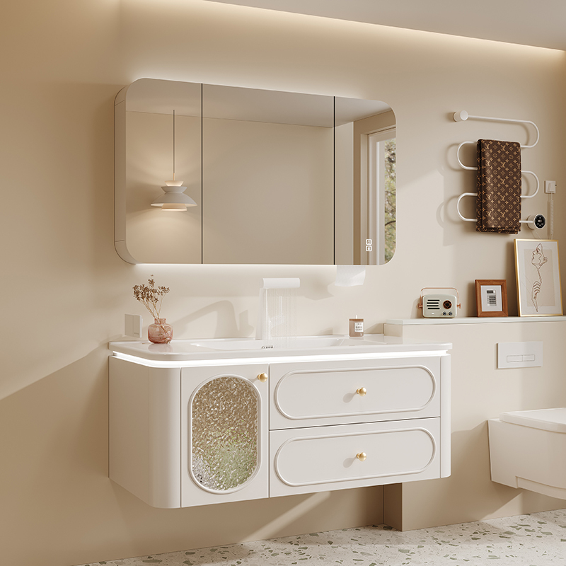 French-Style Cream-Colored Rubberwood Bathroom Cabinet with Integrated Ceramic Basin Sink and Washbasin Cabinet Set French-Style Cream-Colored Rubberwood Bathroom Cabinet with Integrated Ceramic Basin Sink and Washbasin Cabinet Set