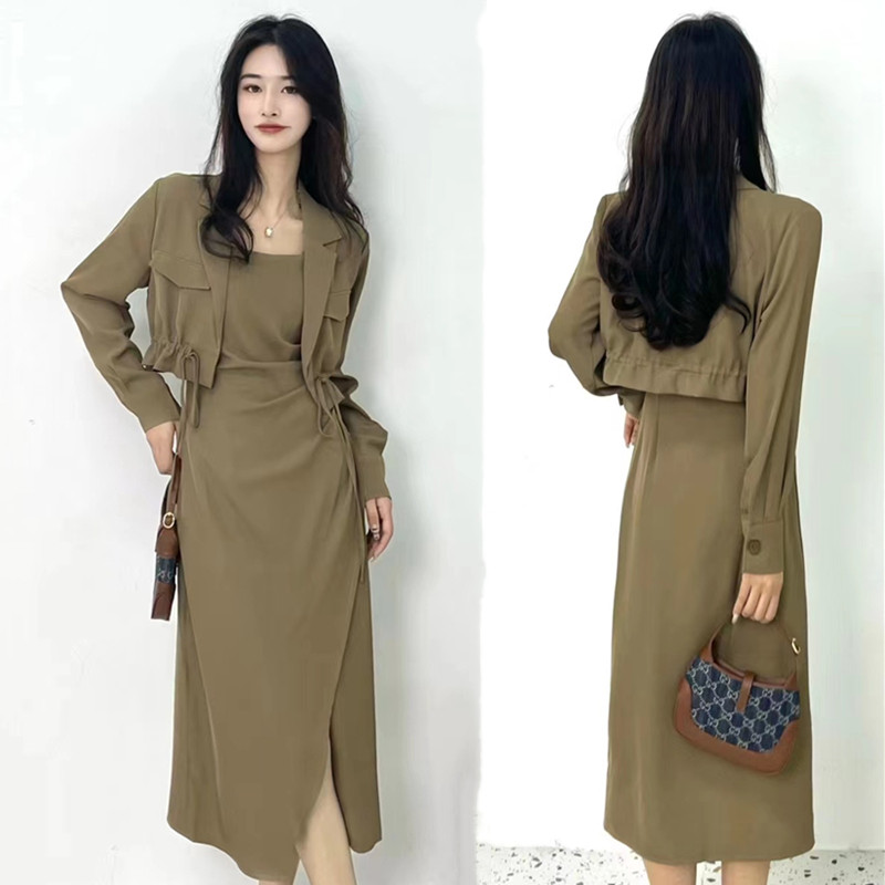 Long Sleeve Light Cooked Wind Women's Suit Port Taste 2023 Spring loaded Short Jacket Open Fork Harnesses one-piece dress Two sets-Taobao