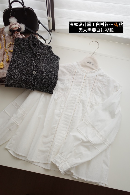 Sangsangzi French Design Heavy-Duty Tuck Pleat Embroidery with Lace Trim Pure Cotton White Shirt Sangsangzi French Design Heavy-Duty Tuck Pleat Embroidery with Lace Trim Pure Cotton White Shirt