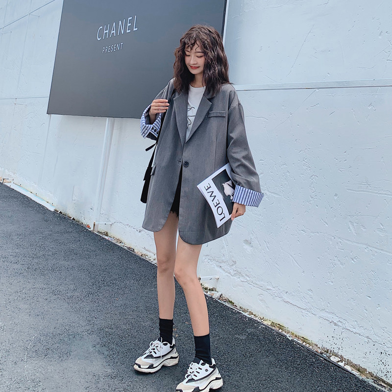 Gray small suit jacket women's 2021 spring new Korean casual bf loose medium-length version of the British style trend