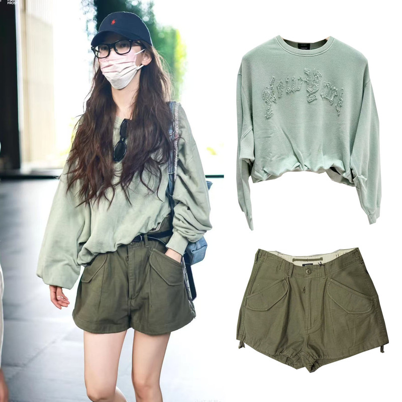 Zhang Ruonan's Same Style Olive Green Cargo Shorts for Women, 2026 Summer New American Casual High-Waisted Drop-Crotch Wide-Leg Hot Pants