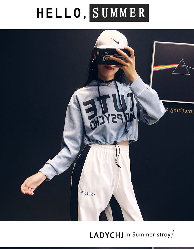 Châu Âu và Hoa Kỳ áo len ngắn nữ mới trùm đầu dây rút eo lỏng lẻo hip hop jazz đường phố nhảy áo dài tay áo nỉ hoodie dễ thương