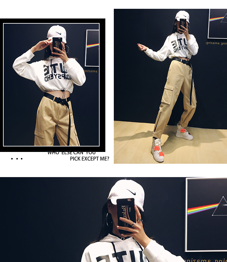 Châu Âu và Hoa Kỳ áo len ngắn nữ mới trùm đầu dây rút eo lỏng lẻo hip hop jazz đường phố nhảy áo dài tay áo nỉ hoodie dễ thương