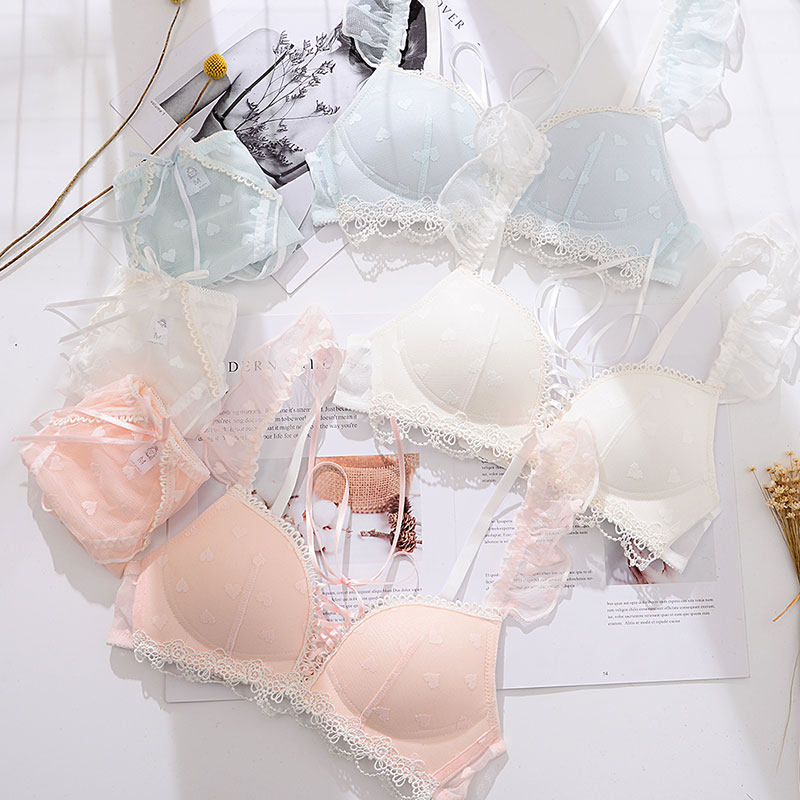 Small chest deep V gathered Japanese underwear set no steel ring to receive auxiliary breasts cute sweet bra ribbon flash bra