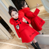 Autumn and winter girls  suit skirt 2021 new Western style childrens two-piece female woolen jacket woolen collar dress thickened