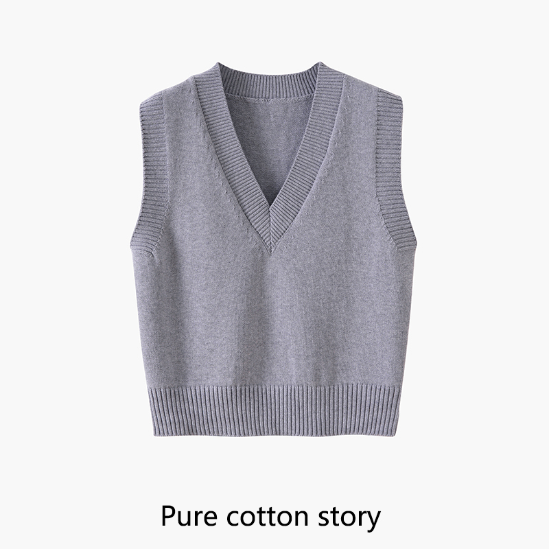 100% Cotton V-Neck Knitted Vest Pure Cotton Sweater Vest Women's Spring Sleeveless Knitted Sweater Vest Gray