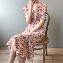Summer Korean version of French small man Short Sleeve V-neck waist thin temperament long floral chiffon dress women