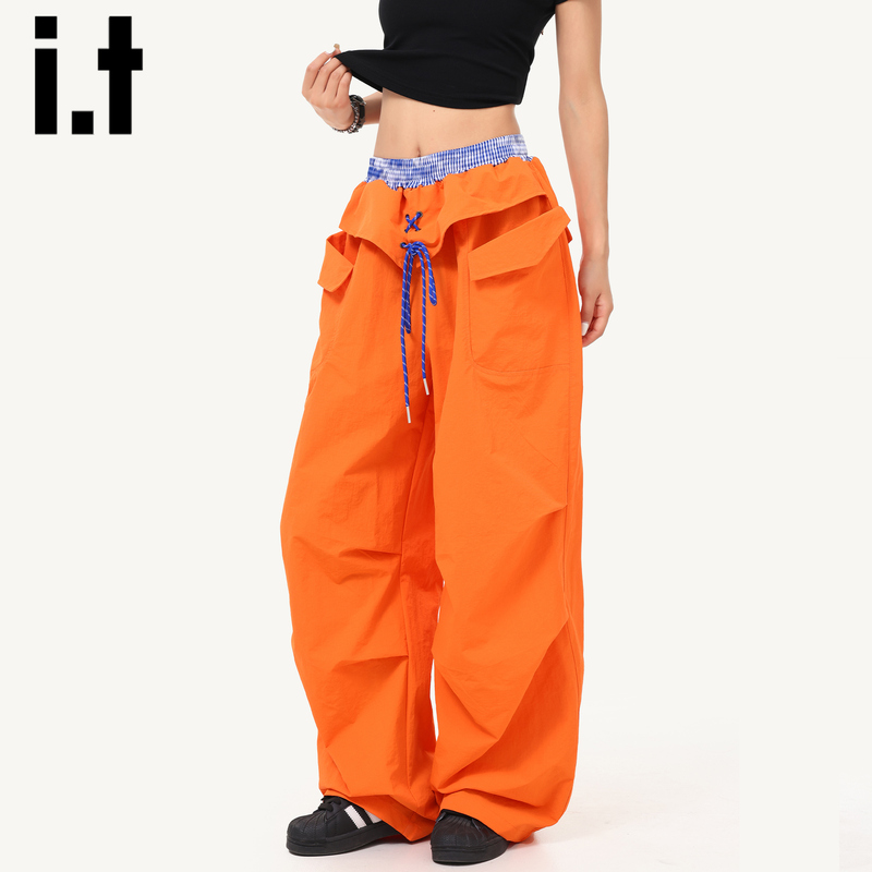 It:Chocoolate Orange Casual Pants for Women 2026 New Spring Double-Waist Dopamine Quick-Drying Wide-Leg Cargo Pants