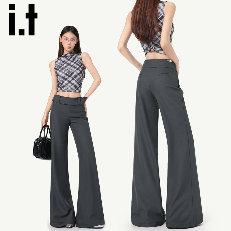 Chocoolate Gray Flared Casual Pants for Women 2026 New Summer Wide-Leg Low-Waist Suit Horse Hoof Pants