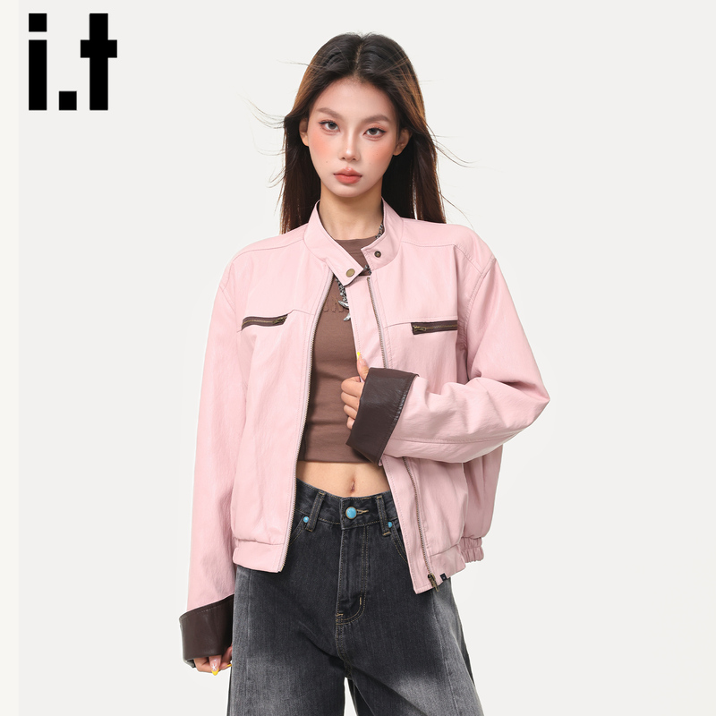 It:Chocoolate Pink Stand-Up Collar Pu Leather Jacket for Women 2026 New Summer American Style Short Jacket Coat Top
