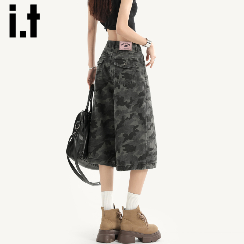 It:Chocoolate Camouflage Denim Shorts for Women 2026 Summer Loose American Retro Thin Wide-Leg Cropped Pants It:Chocoolate Camouflage Denim Shorts for Women 2026 Summer Loose American Retro Thin Wide-Leg Cropped Pants