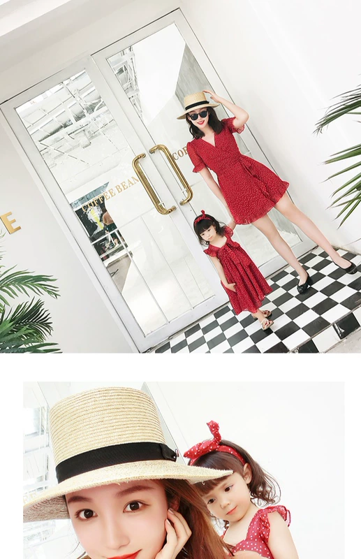 AM Sauce Mom [Gửi đai] Mùa hè Mẹ mới Thời trang Phụ nữ phù hợp với gia đình Retro Wind Red Dot Dress kinh doanh quần áo trẻ em