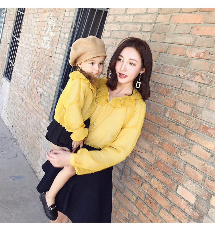 AM Sauce Mom Home Autumn New Family Dress Top Princess Áo sơ mi dài tay Vintage Mẹ Dress Girl Quần áo - Trang phục dành cho cha mẹ và con cửa hàng quần áo trẻ em