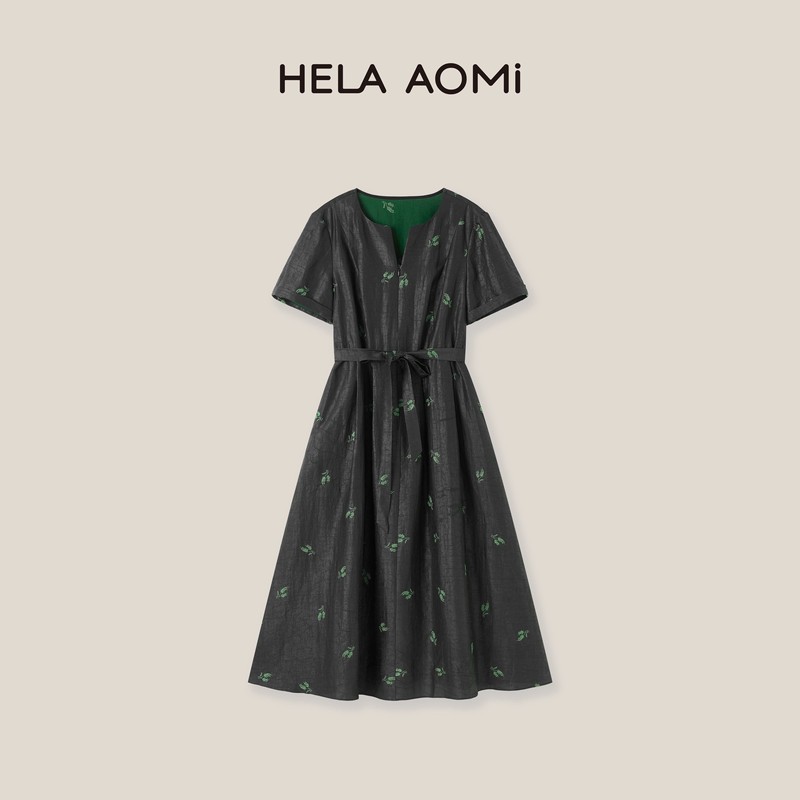 Qiu Yingying Hela Aomi "Green Wind Chime" 100% Mulberry Silk Fragrant Cloud Yarn Floral Print Dress