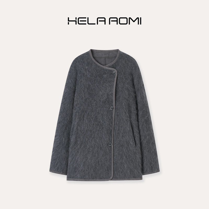 Qiu Yingying's "Soft Velvet Time" Sheep Wool, Mulberry Silk, Cashmere Round-Neck, Diagonal Placket, Brushed, Structured Coat