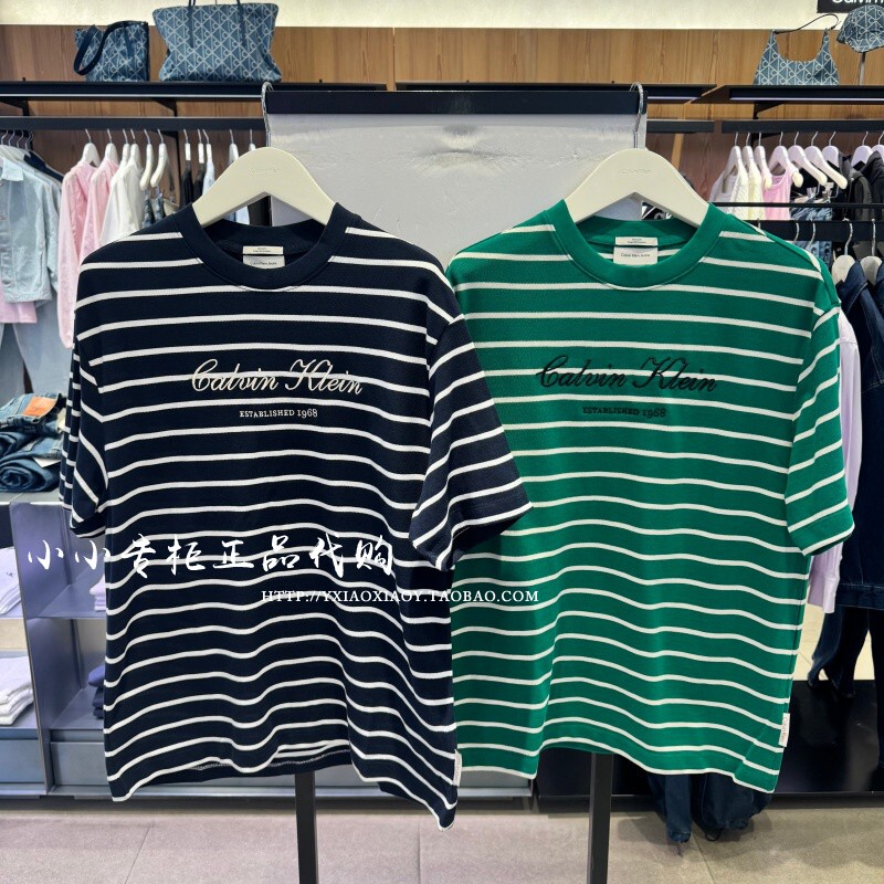 Ck Jeans Genuine Product from the Store, 2026 Spring/Summer Model, Unisex Campus Style Embroidered Striped Short-Sleeve T-Shirt 4Rf204G