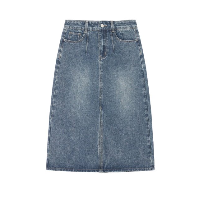 ສິ້ນກະໂປງ Denim ແບບເລື່ອນລອຍ Retro Slit Washed Denim Skirt ຂອງແມ່ຍິງ 2023 ລະດູຫນາວ 2023 ການອອກແບບໃຫມ່ Slim ສິ້ນກະໂປງກົງ