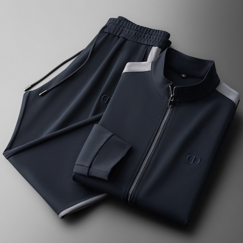 Autumn High-Quality Outdoor Tech Stretch Cardigan Sweatshirt Two-Piece Set for Men with Contrasting Color Stand-Up Collar Casual Sports Suit