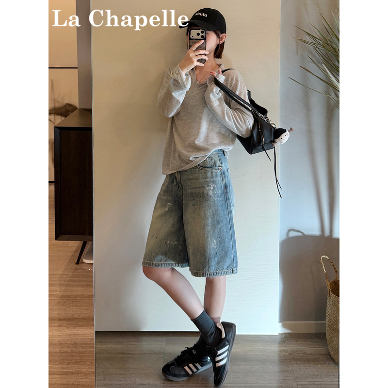 La Chapelle Splash-Ink Denim Shorts for Women, 2026 Summer New Style, High-Waisted, Wide-Leg, Slimming, Versatile Straight-Leg Mid-Length Shorts La Chapelle Splash-Ink Denim Shorts for Women, 2026 Summer New Style, High-Waisted, Wide-Leg, Slimming, Versatile Straight-Leg Mid-Length Shorts