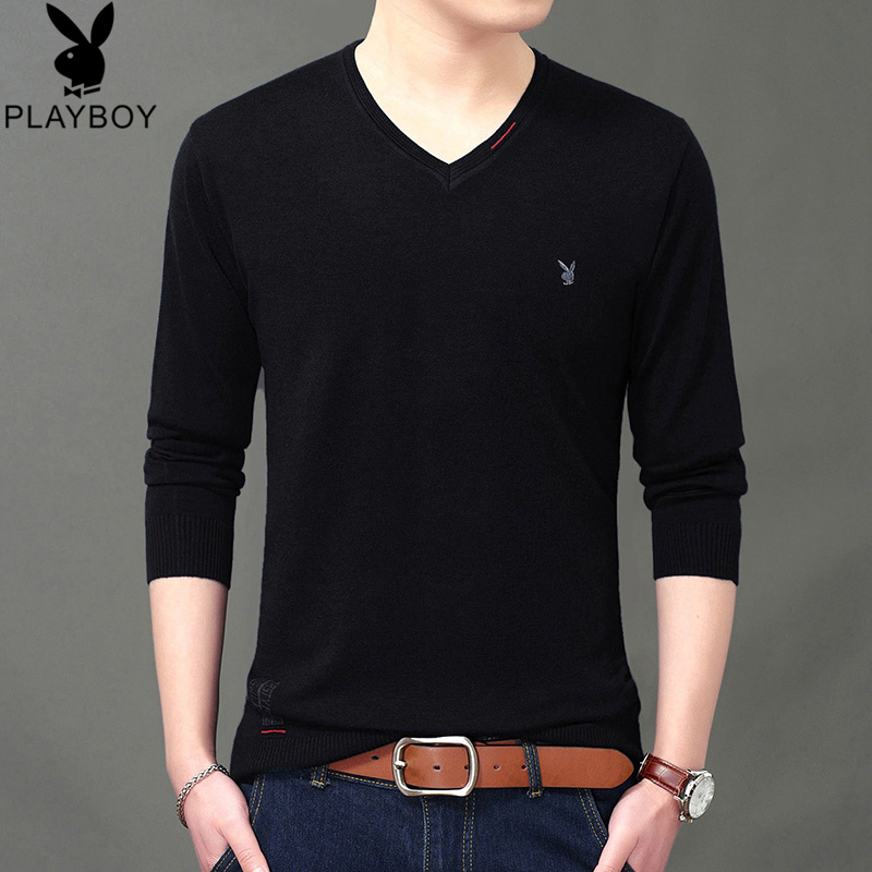 Playboy mùa xuân mỏng knitsweater nam cổ chữ V đáy-up rắn màu áo len áo len dài tay áo T-shirt của nam giới.