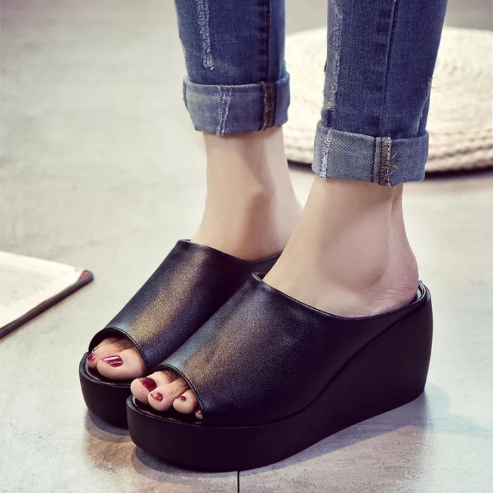 Giày nữ mùa hè 2018 Phiên bản Hàn Quốc của dép đế dày nữ mùa hè thời trang cao gót sandal một từ được kéo để đi dép nêm và dép mẫu dép nữ đẹp 2021