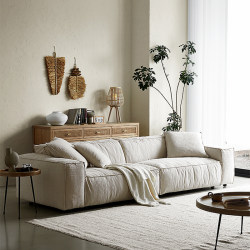 Wabi-Sabi Style Linen Three-Seater Fabric Sofa for Small Living Rooms, Guesthouses, Tofu Block Cotton-Linen Cream Style Breeze Sofa