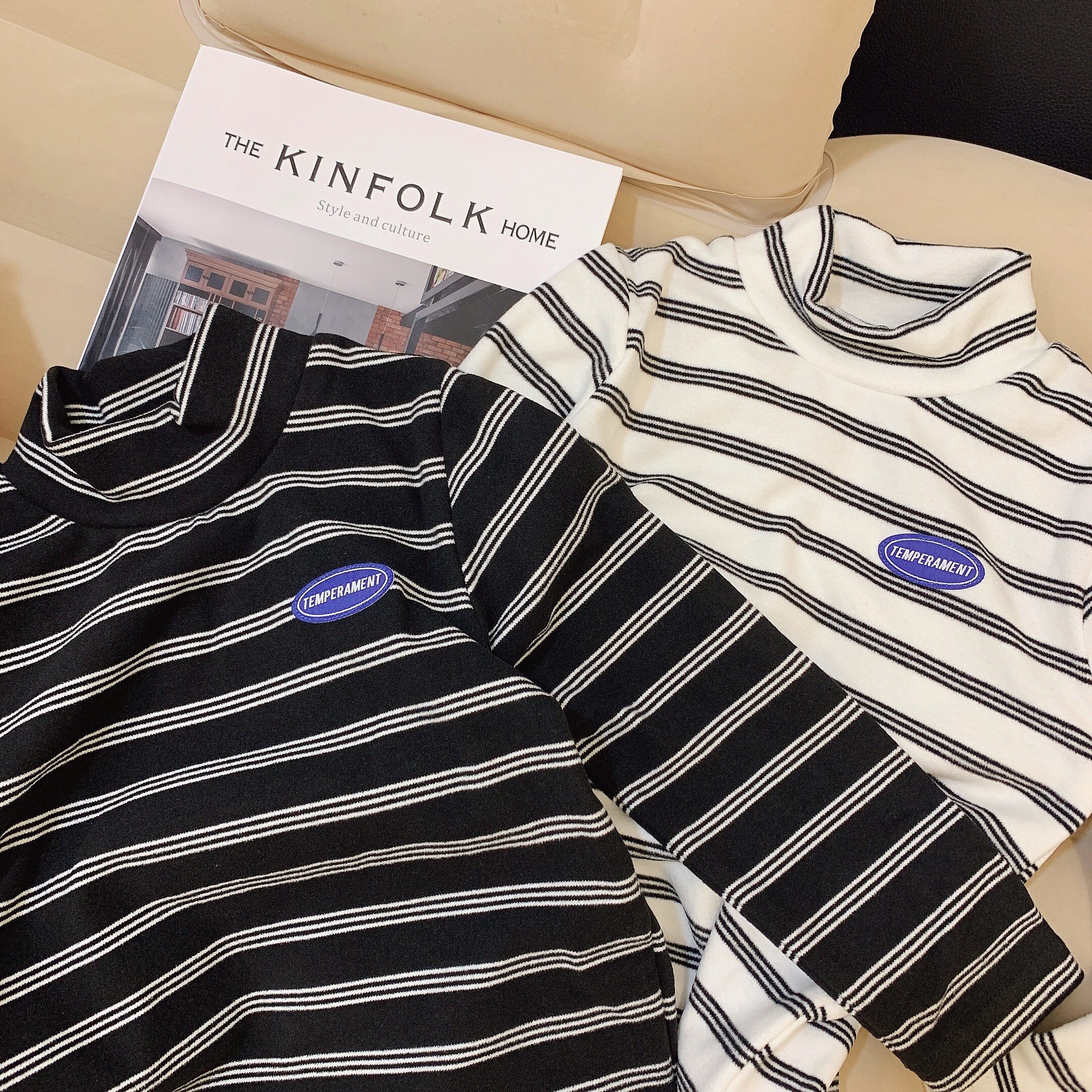 Boys' Half Turtleneck Brushed Bottoming Shirts Autumn and Winter Children's Long Sleeve T-Shirts for Boys Striped Stretch Bottoms