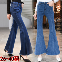 High-waisted Korean micro-horn jeans female spring elastic slim slim Burr Big Horn wide leg pants large size trousers