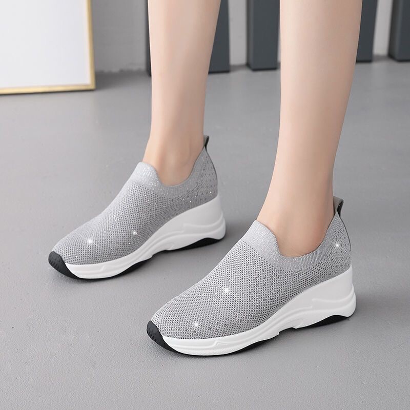 Shopping Mall Same Style Autumn Genuine Leather Fly-Knit Breathable Mesh Comfortable Rhinestone Sports Women's Shoes Outdoor Non-Slip Casual Women's Single Shoes
