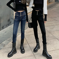 Jing Ye small foot pants women 2021 new autumn and winter high waist slim straight tube slim pencil nine points plus velvet jeans