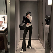 Jing Ye black micro-Bell pants womens high waist drop feel slim cut slim split mop floor 2021 New wide leg pants