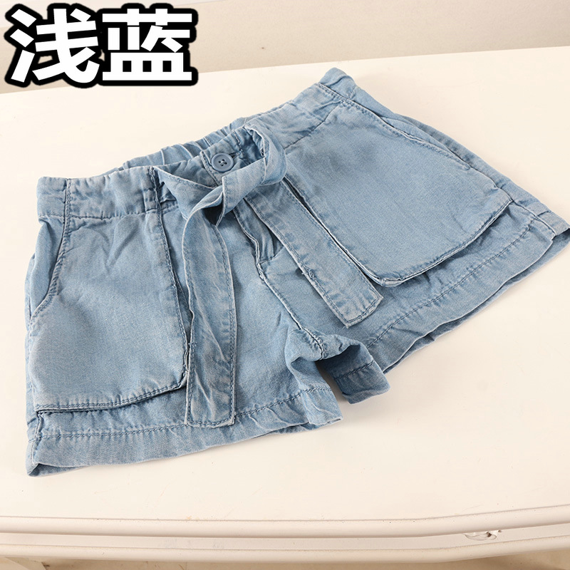 Wathetsummer Children's wear   girl Thin Lyocell  Tencel Light blue Back Tightness Denim shorts Hot pants   European and American single