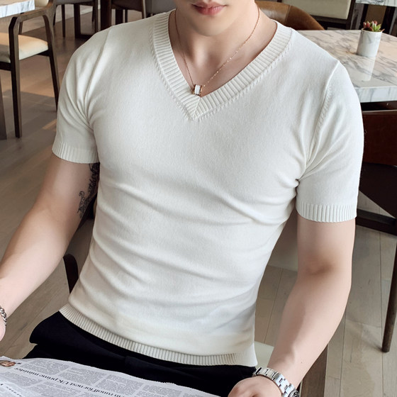 Trendy short-sleeved sweater men's Korean version white slim-fit half-sleeved top youth thin section casual half-sleeved V-neck T-shirt