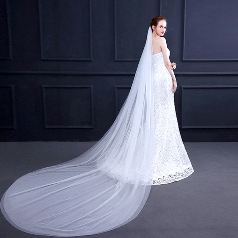 Starry sky veil bride main wedding dress White long version Champagne color trailing veil headdress Super Xian Sen department wedding retro