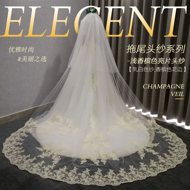 Star veil bride main wedding dress white long version champagne color trailing veil headdress super fairy forest wedding retro