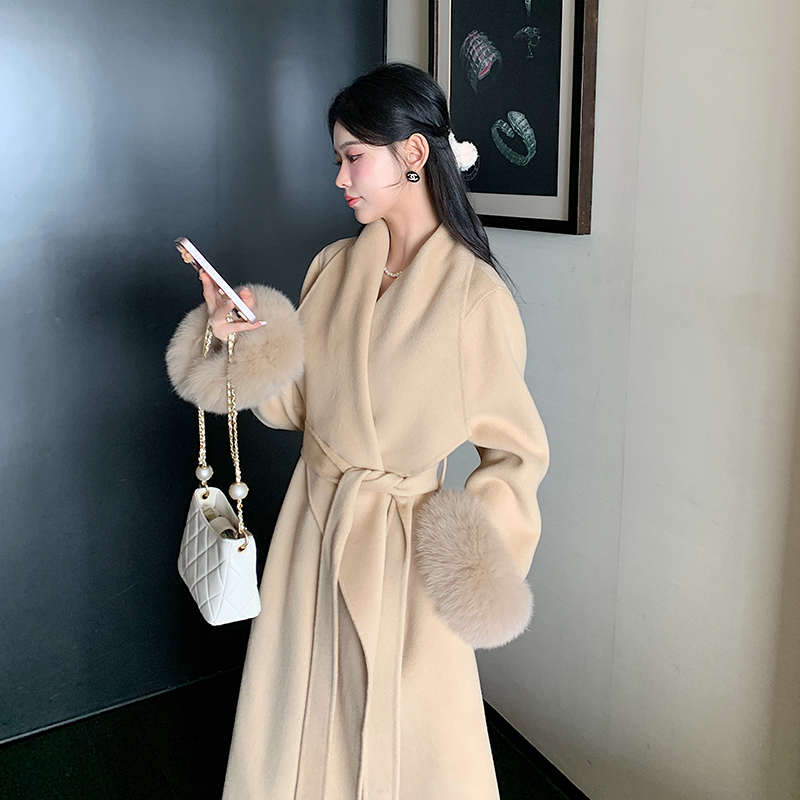 BOBO ロマンティックシスター ミドル丈ウールコート レディース 秋冬 高級 両面カシミアコート フォックスファースリーブ