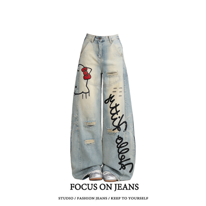 Light-Colored Kitty Print Ripped Jeans for Women, 2026 Summer Loose Slimming Wide-Leg Pants, Scimitar Pants Light-Colored Kitty Print Ripped Jeans for Women, 2026 Summer Loose Slimming Wide-Leg Pants, Scimitar Pants