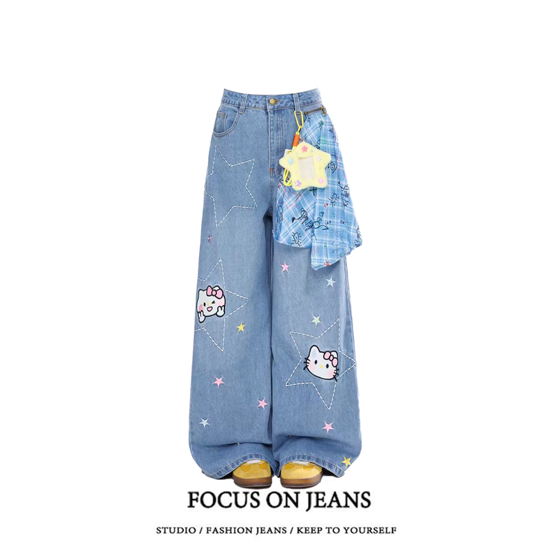 Cute Cartoon Star Kitten Embroidered Jeans for Women, 2026 Spring New Loose Straight Wide-Leg Pants