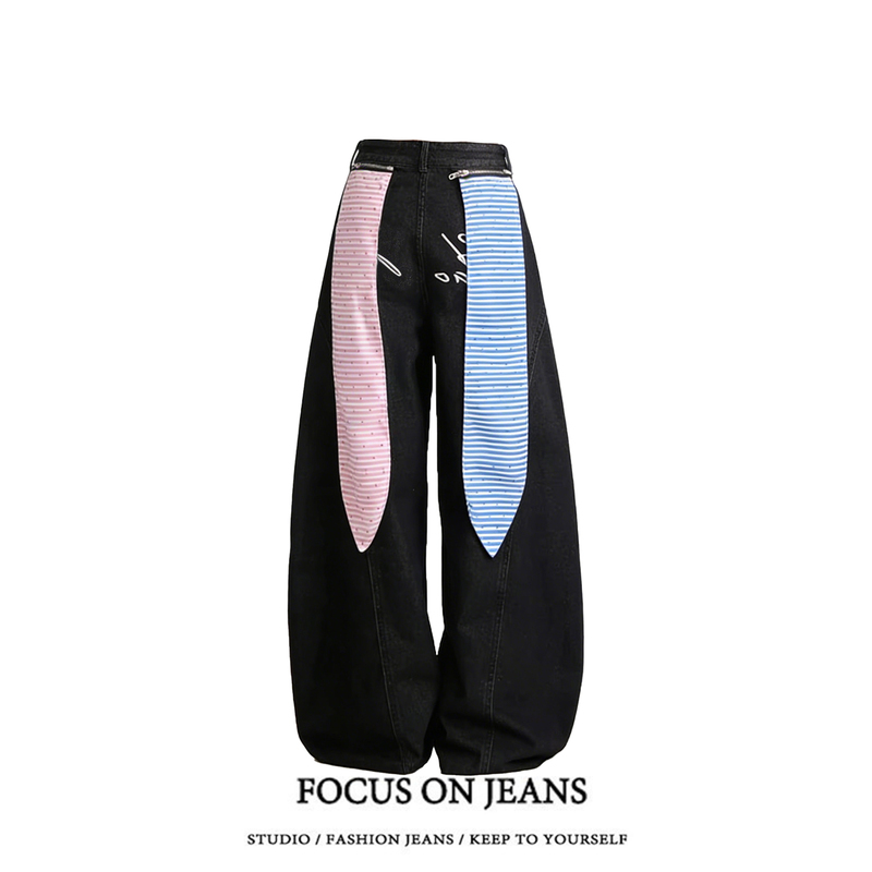 Blue and Pink Rabbit Ear Curved Knife Jeans for Women, 2026 Autumn New Wide-Leg Pants, Loose and Slimming Casual Pants