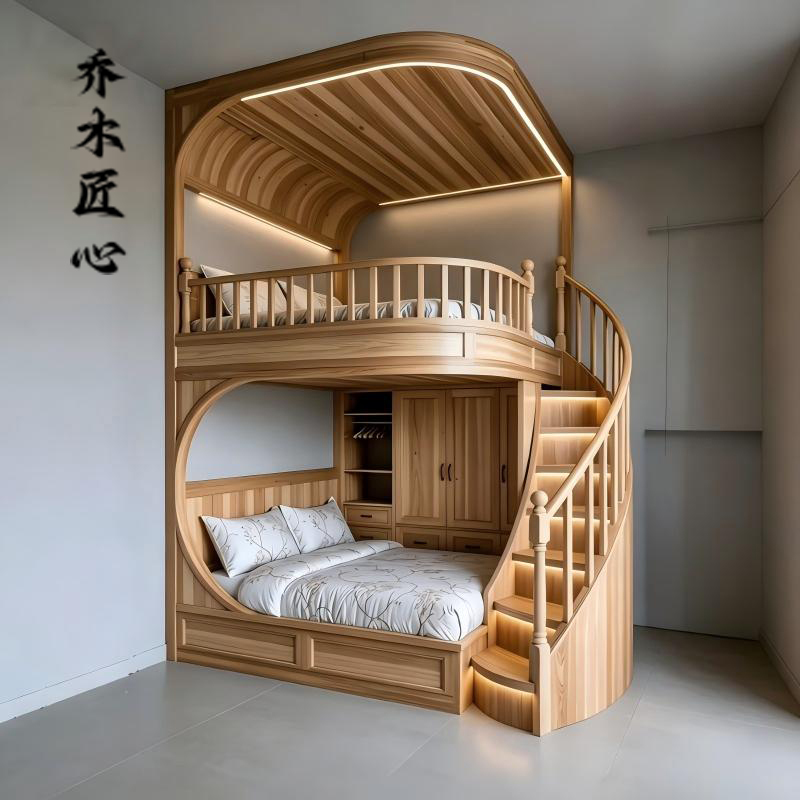 Solid Wood Bed, New Chinese Style Solid Wood Bunk Bed, Double Bed with a Lower Bed, North American White Ash Wood, Mortise and Tenon Joint, Small Apartment Multifunctional Bed