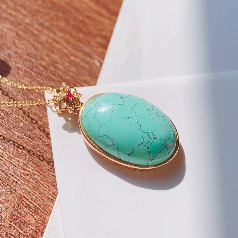Natural raw mine high porcelain green pine stone pendant brief female style pendants 18K gold retro inlaid with egg noodles pendant