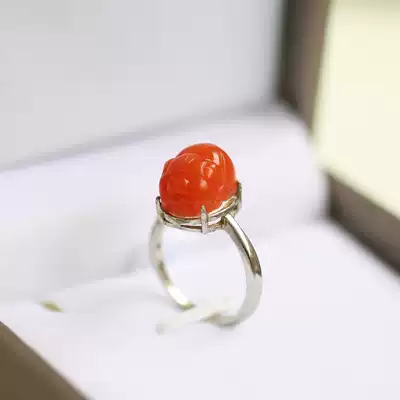 Natural Yunnan Baoshan South Red Agate Ring Hand Carved Women's Piggy 925 Sterling Silver Inlay Design