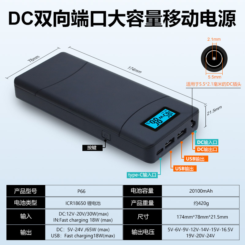 Dc5521 Dc Bidirectional 5V-12V-24V Printer Laptop Computer Uninterruptible Fast Charging Mobile Power Supply