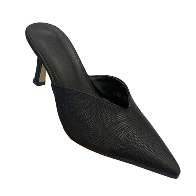 ເກີບ Dongdaemun Muller ຂອງເກົາຫຼີໃຕ້ 2024 Spring New Style Chic Pointed Toe Shallow Mouth Embossed Pattern Stiletto half Slippers trendy