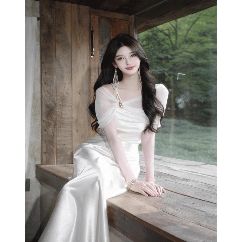 White Dress for Women, High-End French Style, Elegant Socialite Style, Engagement Dress, Sexy One-Shoulder Satin Birthday Dress