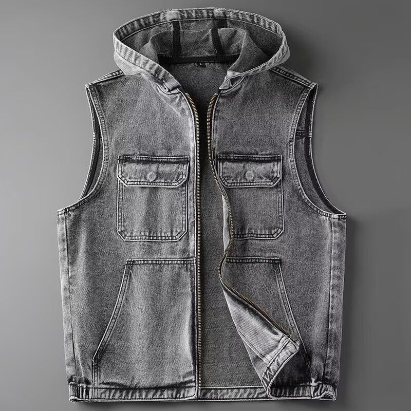 Workwear Hooded Denim Vest for Men, Vintage Washed and Distressed Sleeveless Vest, Stylish Top, Trendy Brand Zipper Jacket