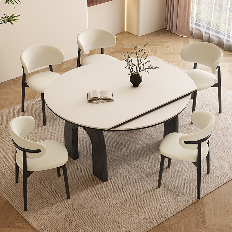French-Style Solid Wood Slate Dining Table, Extendable, Modern and Simple, Dual-Purpose Square and Round, Foldable and Convertible into a Round Table for Small Households