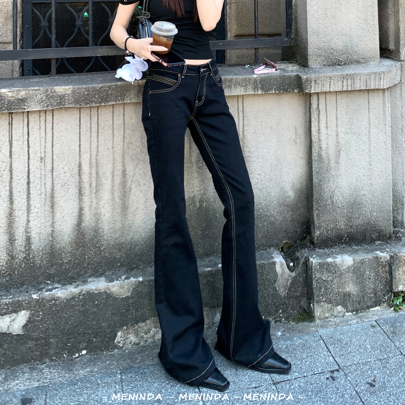 【Mei Nian Da】Modern Classic Raw Denim Black and Gold Trim Low-Rise Flared Jeans for Women, Spring Trendy Hot Girl Style