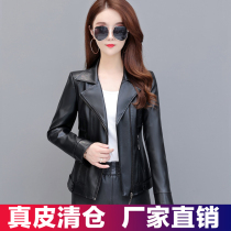2021 New Haining leather leather leather clothing womens short autumn Korean slim slim suit collar motorcycle leather jacket